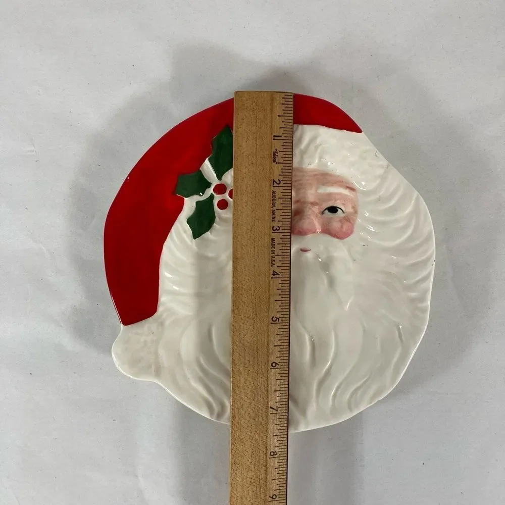 Vintage Santa Face Cookie Plate Hand Painted Japan Christmas Dish 7.5 “ Holly